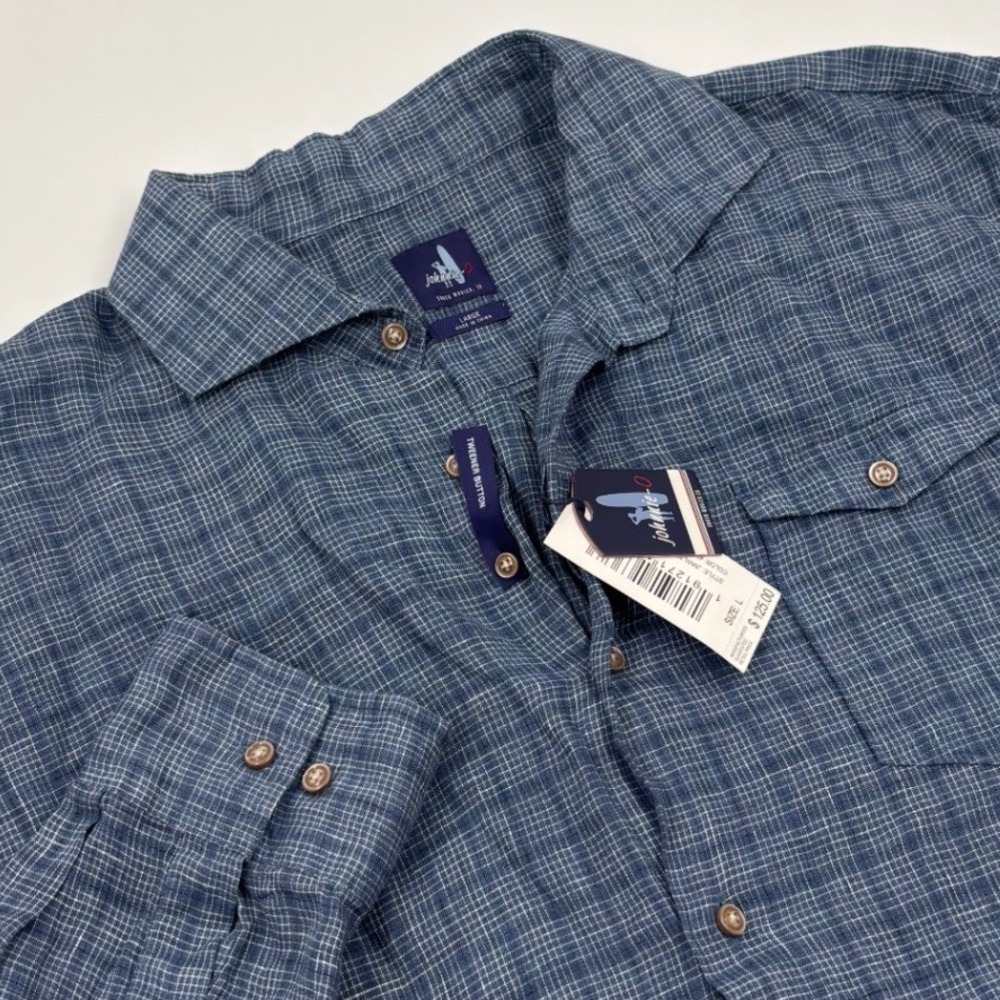 NWT Johnnie-O Men's L Blue Grid 100% Linen Long Sleeve Button Down Shirt
